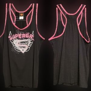 Vtg Y2K DC comics blk pink glitter studs Supergirl graphics tank top XXL NWOT